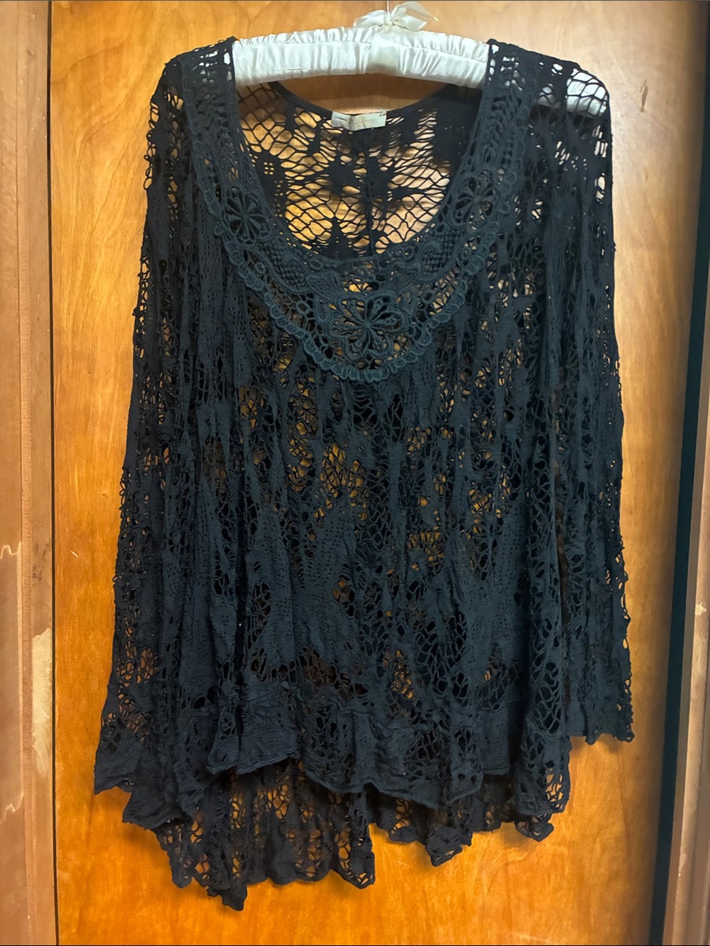 Bella Amore Black Italian Lace  Mesh Tunic Top LAGENLOOK Long Sleeve Crochet L